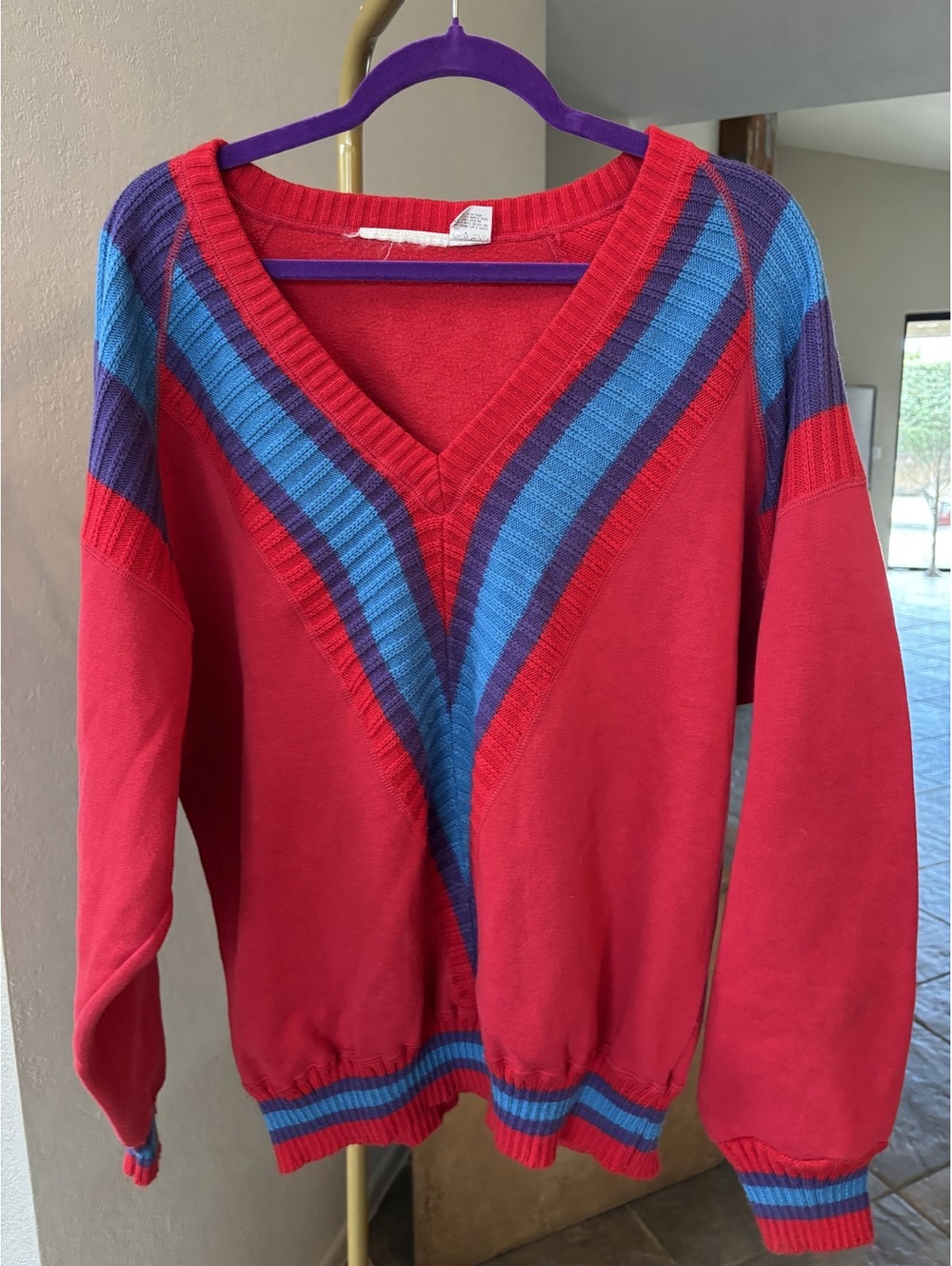 VTG 80s Chevron Colorblock V-Neck Pullover Sweater Red Purple Blue Women's Large